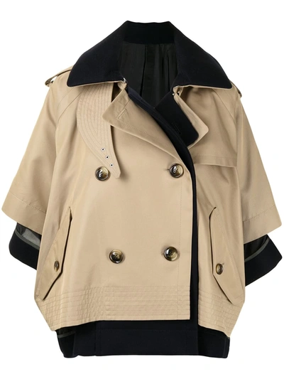 Sacai Mixed-media Cropped Trench Cape Jacket In Beige Navy ModeSens
