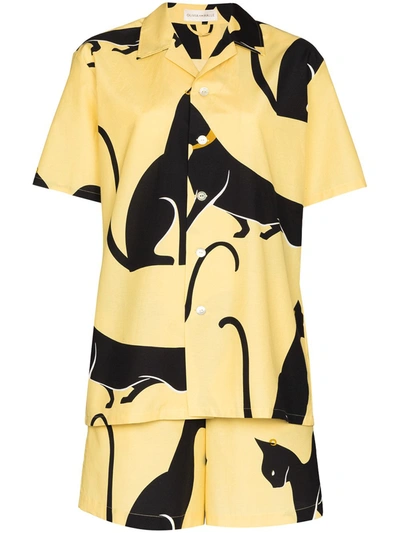 Olivia Von Halle Emeli Saxa Cat-print Pyjamas In Gelb