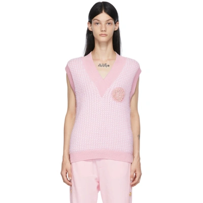 Balmain Pink & White Logo Patch Fluffy Vest In Ocd Rose Pâle/blan
