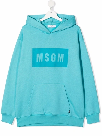 Msgm Teen Logo-print Cotton Hoodie In Blue