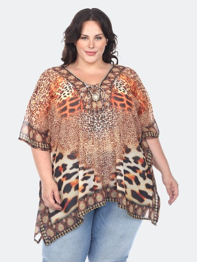 White Mark Plus Size Short Caftan With Tie-up Neckline In Brown