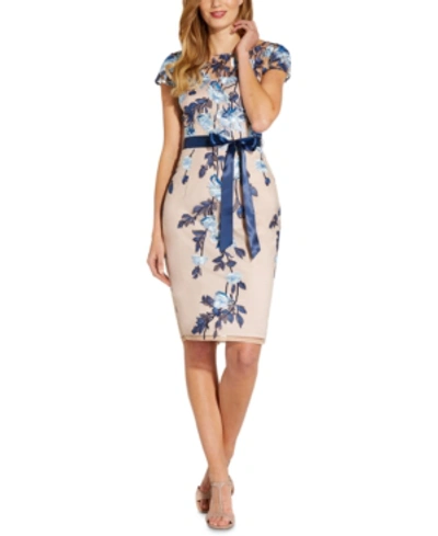 Adrianna Papell Embroidered Sheath Dress In Navy