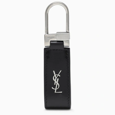 Saint Laurent Logo-detailed Silver-tone And Leather Key Fob In Black