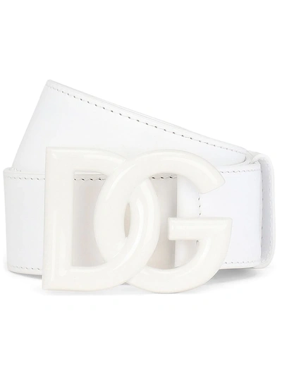 Dolce & Gabbana Leather Belt With Crossover Dg Logo Buckle In White