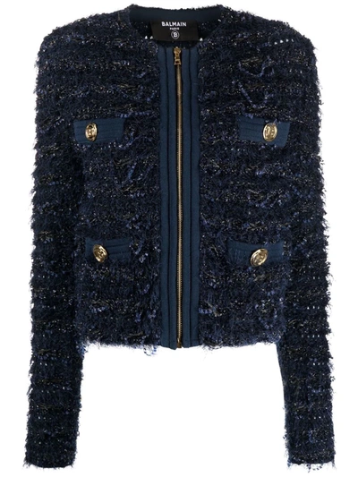 Balmain Navy Collarless Tweed Jacket In Blue