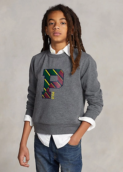 Polo Ralph Lauren Kids' Letterman Fleece Sweatshirt In Medium Flannel Heather