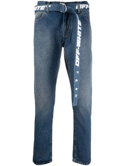 Off-white Man Tapered Jeans With Logoed Belt In Blue