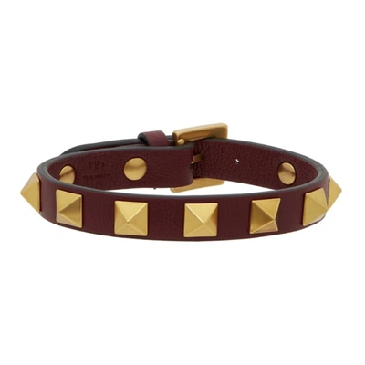 Valentino Garavani Brown Leather Studded Bracelet In Saddle Brown