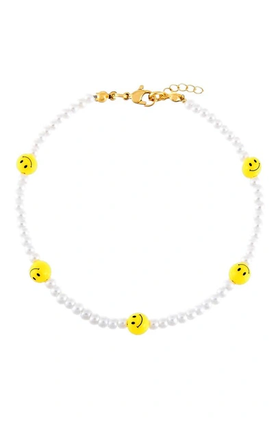 Adinas Jewels Smiley Face & Faux Pearl Beaded Ankle Bracelet In Gold Tone In White
