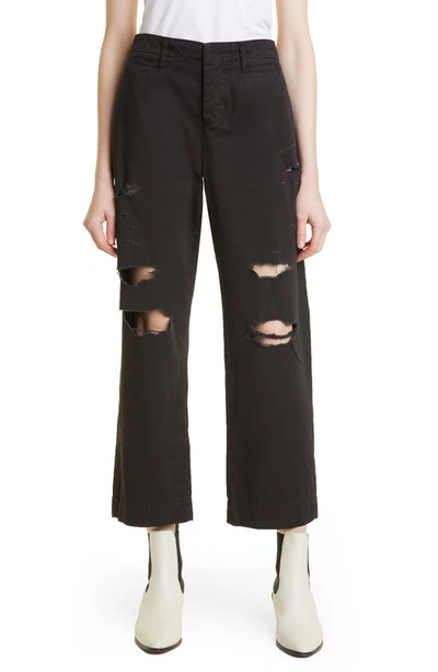 Frame Le Tomboy Ripped Twill Trousers In Washed Noir Rips