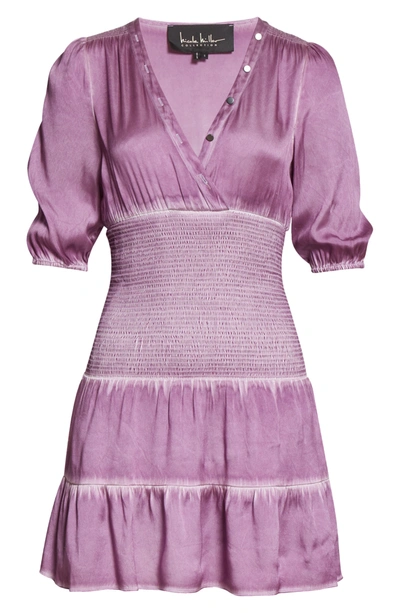 Nicole Miller Smocked Charmeuse A-line Dress In Purple