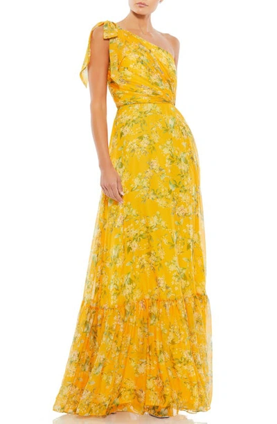 Mac Duggal One-shoulder Floral Print Chiffon A-line Gown In Yellow Multi