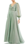 Mac Duggal Sheer Blouson Sleeve Surplice Gown In Sage