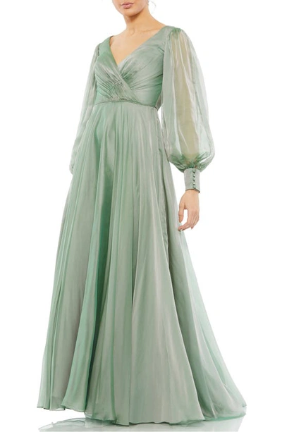 Mac Duggal Sheer Blouson Sleeve Surplice Gown In Sage