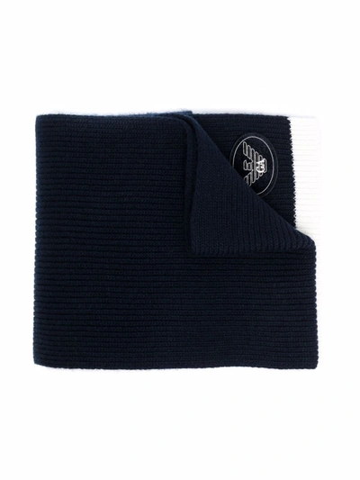 Emporio Armani Kids' Ribbed-knit Logo-patch Scarf In Blue