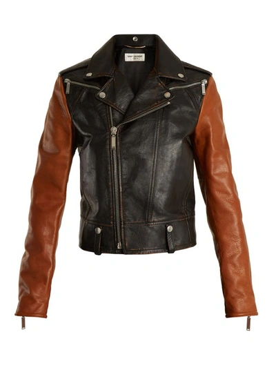 Saint Laurent Contrast Shrunken-fit Leather Biker Jacket In Dark Brown