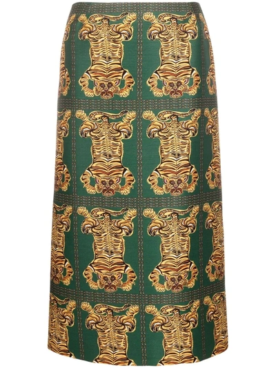 La Doublej Tiger Tiles-print Wool-blend Pencil Skirt In Grün