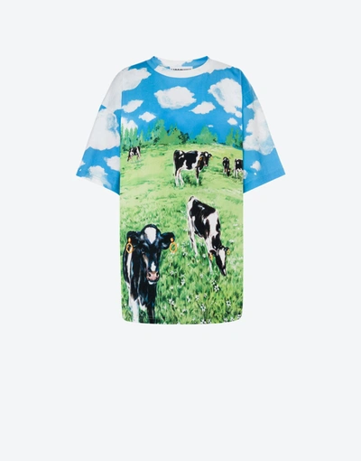 Moschino Countryside Cow Print Oversize Cotton Graphic Tee In Green