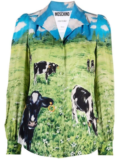 Moschino Farm-print Checked Jacquard Shirt In Green