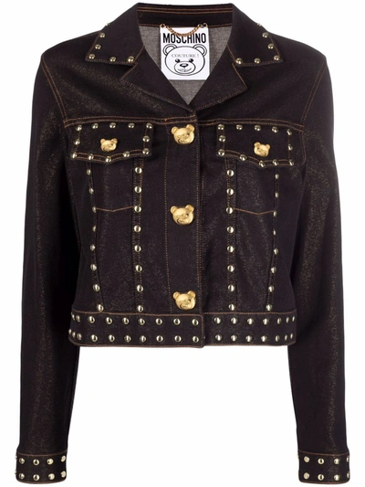 Moschino Teddy Studs Denim Cropped Jacket In Black