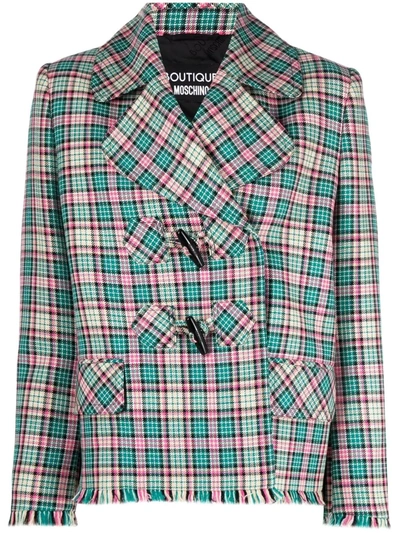 Boutique Moschino Frayed Checked Wool-blend Jacket In Teal