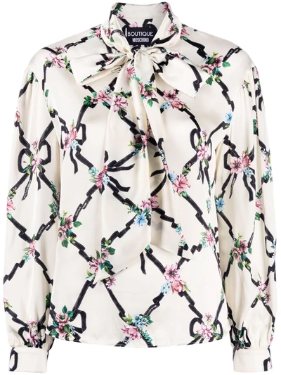 Boutique Moschino Pussy-bow Floral-print Silk-satin Blouse In Ivory