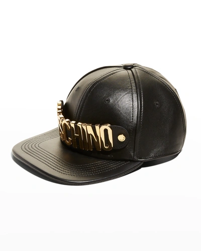 Moschino Men's Logo-strap Leather Baseball Hat In Black