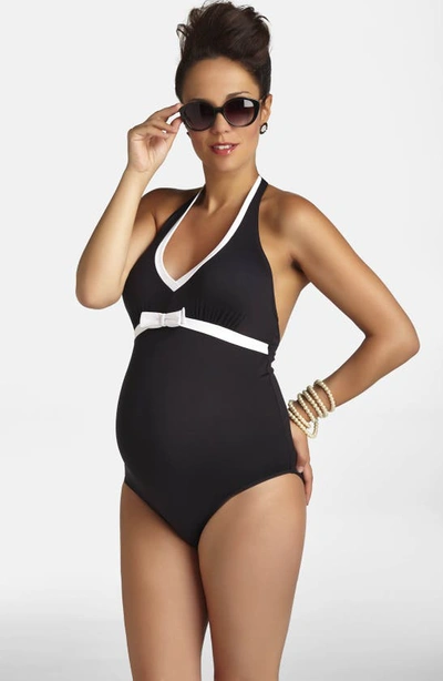 Pez D'or Maternity Santorini One-piece Halter Swimsuit In Blackwhite