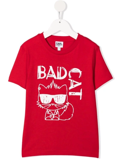 Karl Lagerfeld Kids' Bad Cat Organic Cotton T-shirt In Red