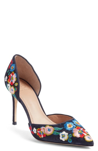 Tory Burch Rosemont Embroidered D'orsay High-heel Pumps In Tory Navy