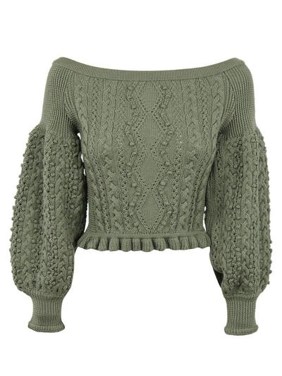Valentino Aran Knit Off-shoulder Sweater In Green
