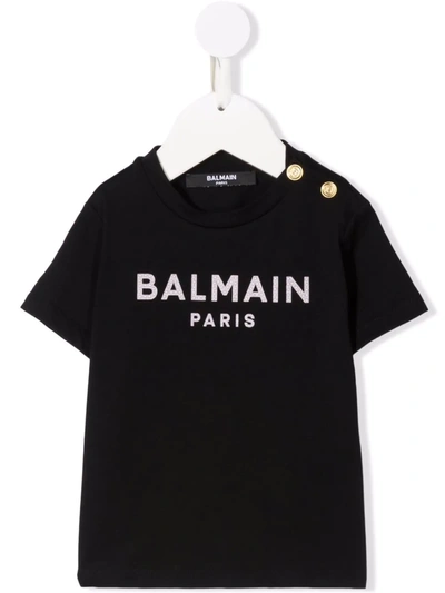 Balmain Babies' Crystal-embellished Logo T-shirt In Nero