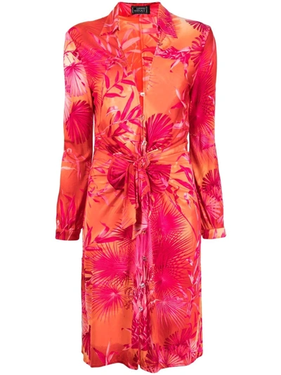 Pre-owned Versace 2000s Jungle Print Silk Dress In Orange