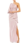 Mac Duggal One-shoulder Long Sleeve Satin Column Gown In Mocha