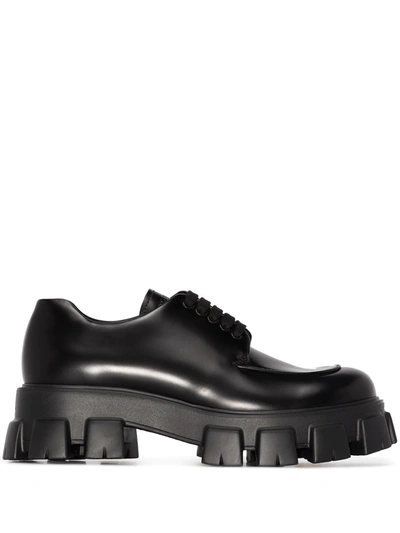 Prada Men's Monolith Lug-sole Leather Derby Shoes In Nero