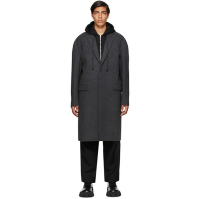 Juunj Grey Wool Detachable Hood Long Coat