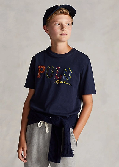 Polo Ralph Lauren Kids' Striped-logo Cotton Jersey Tee In Hunter Navy