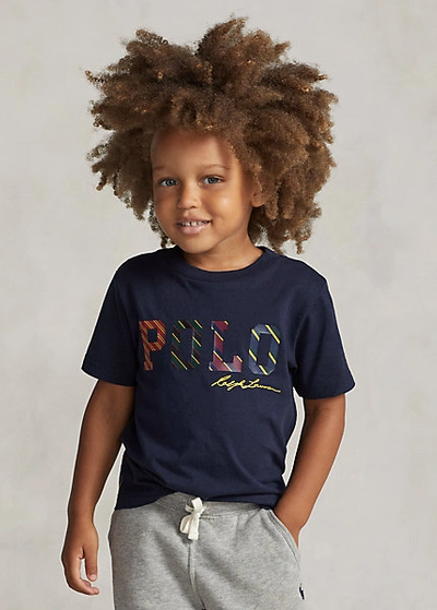 Polo Ralph Lauren Kids' Striped-logo Cotton Jersey Tee In Hunter Navy