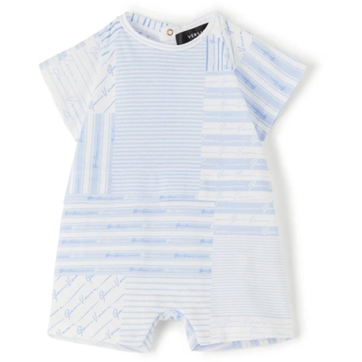 Versace Baby Blue Patchwork Print Bodysuit In White/light Blue