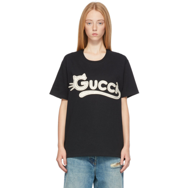 Gucci Cat-logo Cotton T-shirt In 1289 Black/ivory