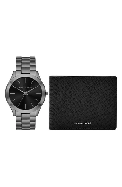 Michael Michael Kors Slim Runway Bracelet Watch, 44mm & Wallet Set In Gunmetal