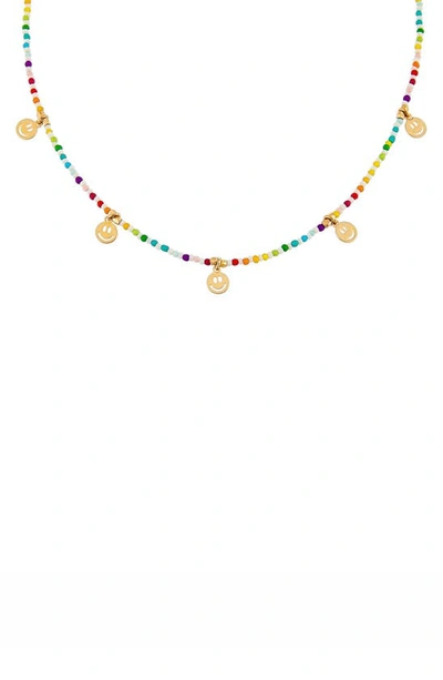 Adinas Jewels Smiley Face Charm Rainbow Beaded Collar Necklace In Gold Tone Sterling Silver, 15.5-18.5 In Multi