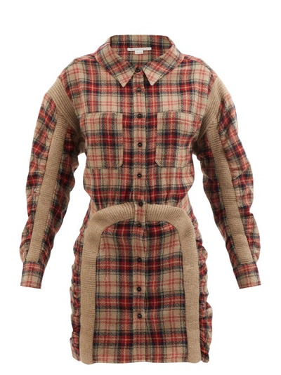 Stella Mccartney Wren Ruched Checked Wool Mini Shirt Dress In Multicolor (brown)