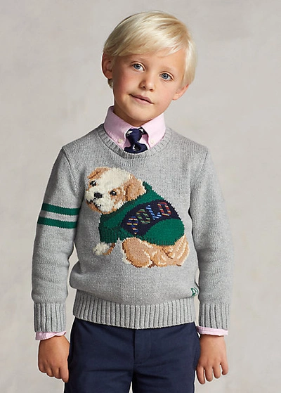 Polo Ralph Lauren Kids' Intarsia-dog Cotton-wool Sweater In Andover Heather