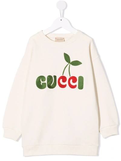 Gucci Girls White/multicolor Kids Cherry Logo-print Cotton Mini Dress 4-10 Years 4 Years In Neutrals
