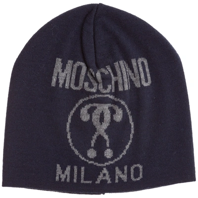 Moschino Men's Beanie Hat  Double Question In Navy