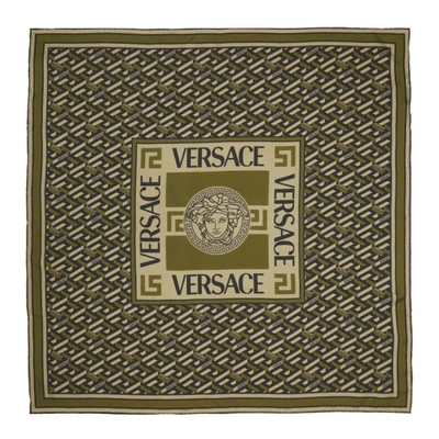 Versace Khaki Silk Medusa Monogram Scarf In Green