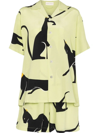 Olivia Von Halle Womens Sisto Emeli Cat-print Short-sleeve Pyjama Set Xs In Grün