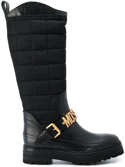 Moschino Logo Buckle Boots In Black