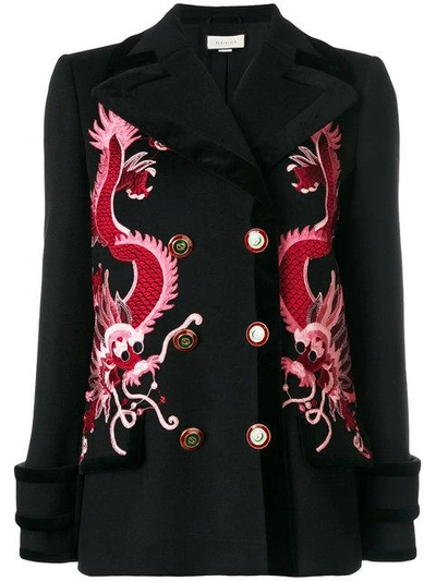 Gucci Dragon Embroidered Wool Coat In Black/pink ModeSens
